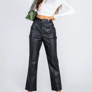 High-Waist Faux Leather Straight Leg Pants - Black